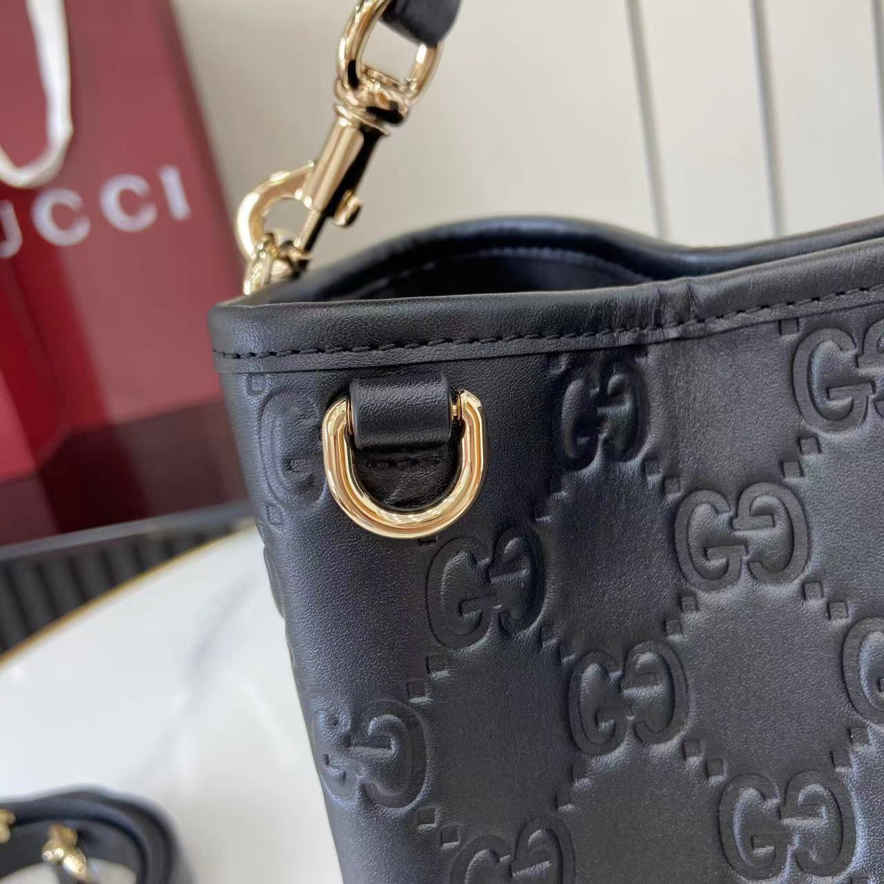 Double-G GG Emblem Small Bucket Bag GG Print Embossed Leather - Black - Gorchic - $128.99