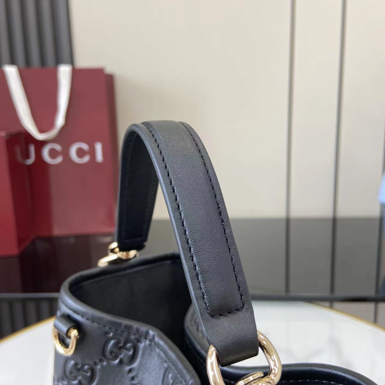 Double-G GG Emblem Small Bucket Bag GG Print Embossed Leather - Black - Gorchic - $128.99