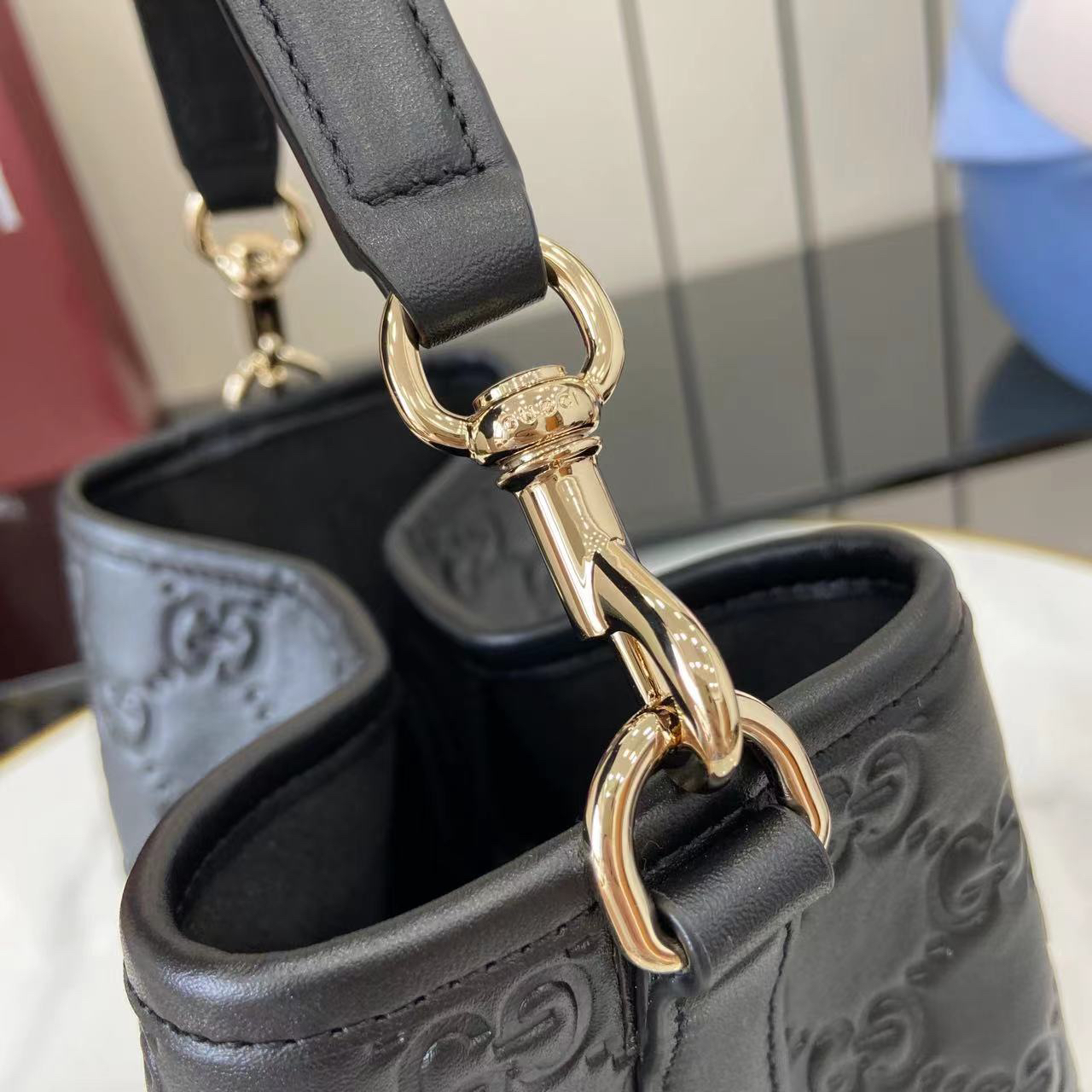Double-G GG Emblem Small Bucket Bag GG Print Embossed Leather - Black - Gorchic - $128.99