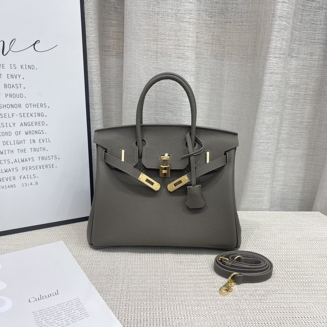 H-Inspired Birkin Togo Retourne Bag Golden Hardware-Light Grey Bag - Gorchic - $161.99