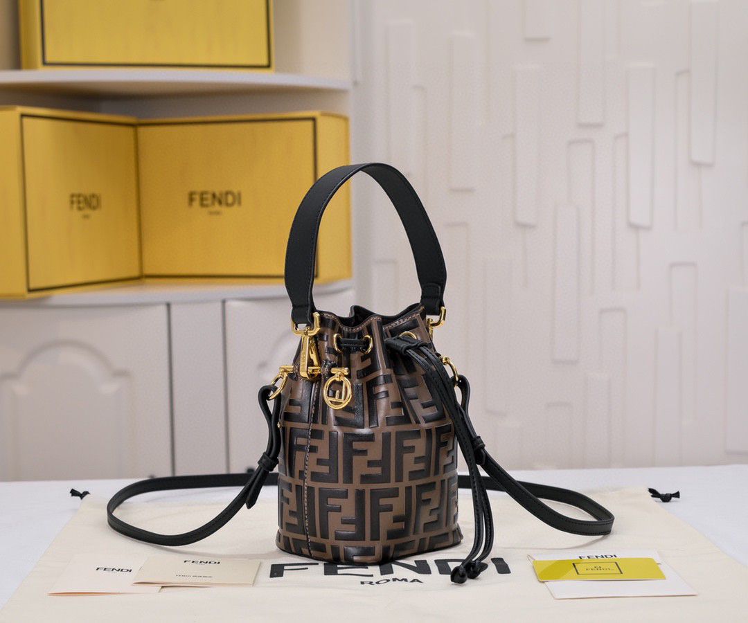 FD Brown/Black Zucca Leather Mini Mon Tresor Drawstring Bucket Bag - Gorchic - $125.99