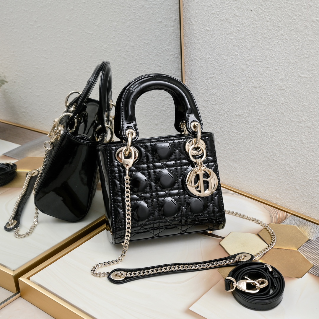 D Inspired Lady D Inspired Bag Powder Black Patent Cannage Calfskin Golden Hardware - Bag - Gorchic - $138.99