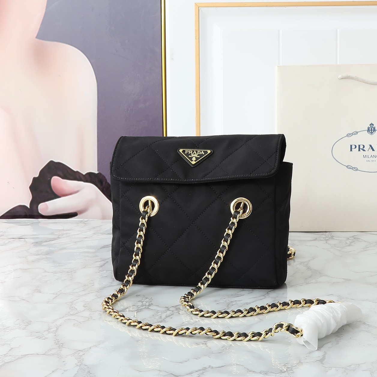 Saffiano texture Tessuto Impuntu Quilted Flap Shoulder Black Bag - Gorchic - $132.99