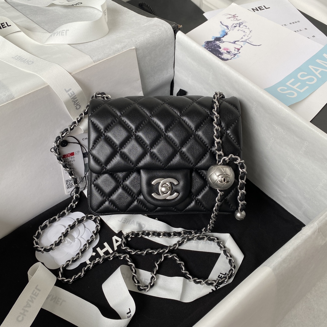 CC Inspired Classic Flag Bag Mini Square Black Calfskin Sliver Hardware - Bag - Gorchic - $121.99