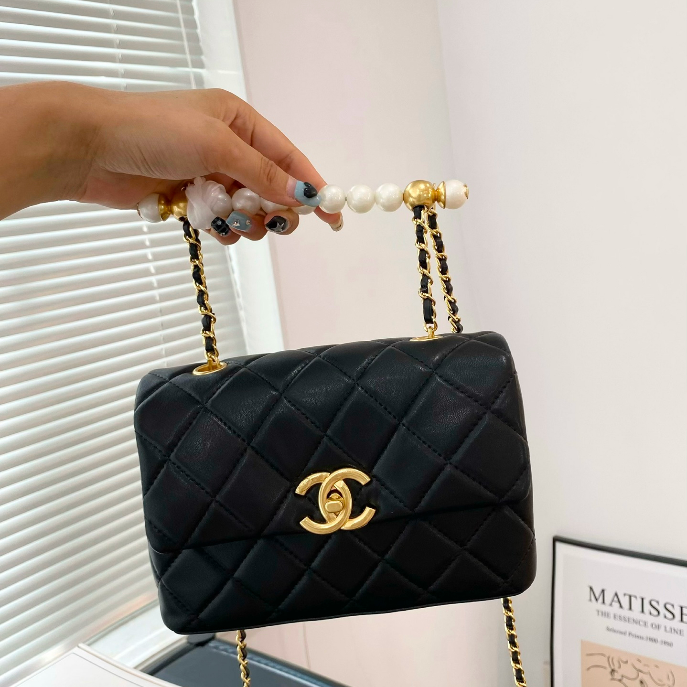 CC Inspired Mini Flap Bag with Top Pearl Chain Handle-Black - Bag - Gorchic - $135.99
