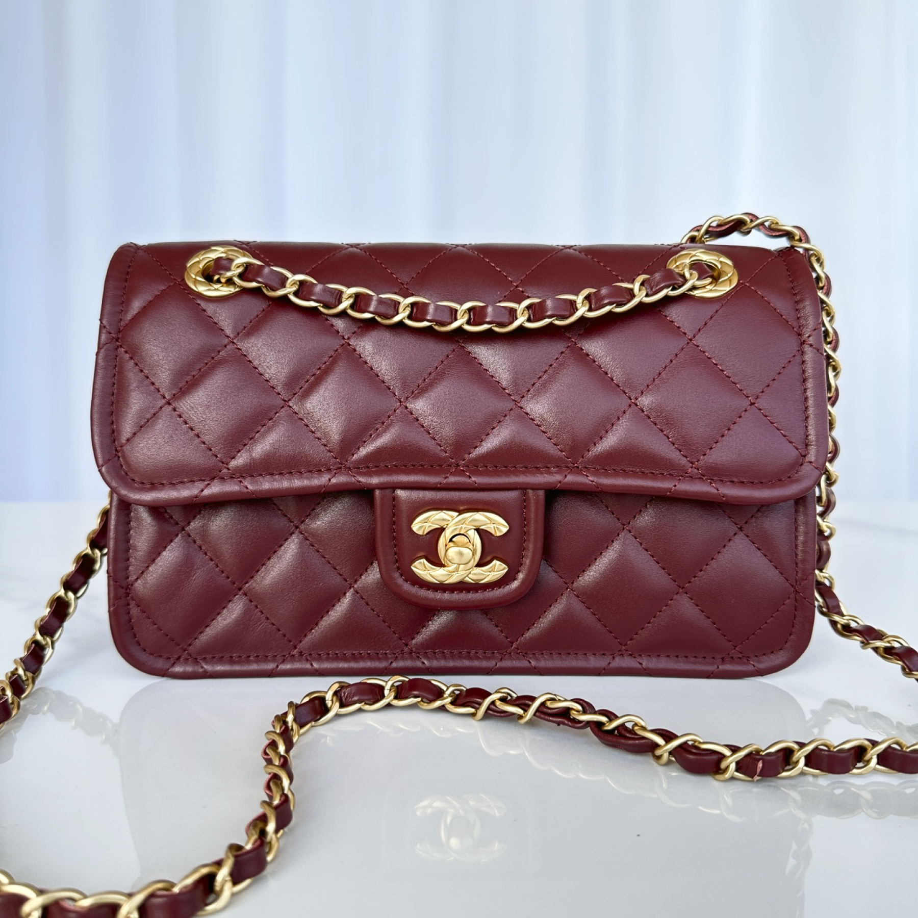 CC Inspired Patent Goatskin Quilted Medium CC Eyelet Flap Burgundy - Bag - Gorchic - $172.99