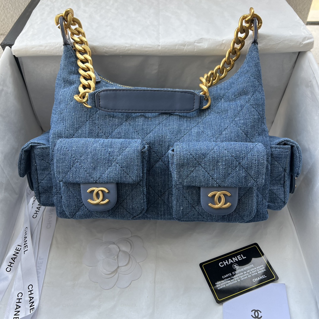Double-G Hobo Washed Denim And Gold-Tone Metal Blue Bag - Gorchic - $127.99