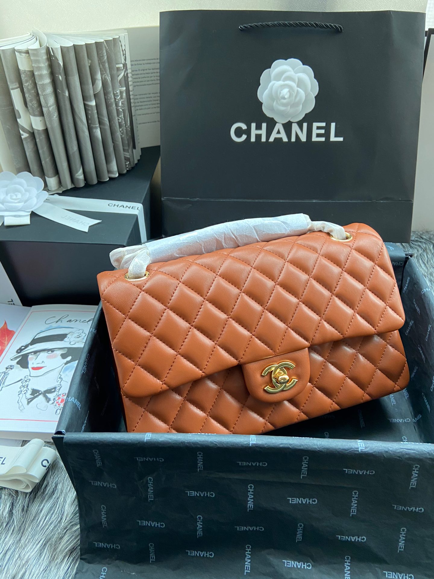 CC Inspired Classic Double Flap Bag Dark Caramel Golden Hardware - Bag - Gorchic - $122.99