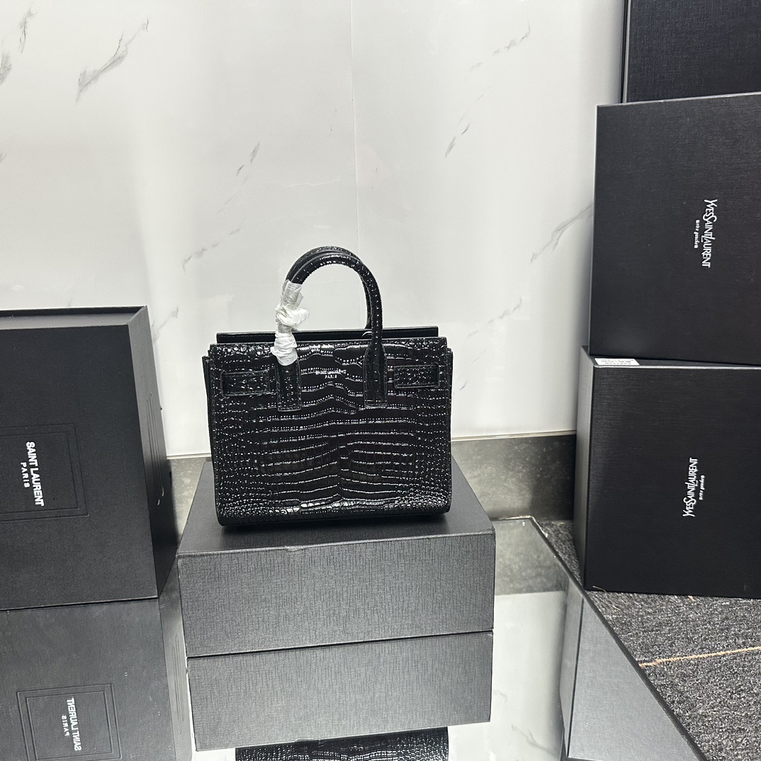 Lady Designer Black Croc Embossed Leather Nano Classic Sac De Jour Tote - Bag - Gorchic - $175.99