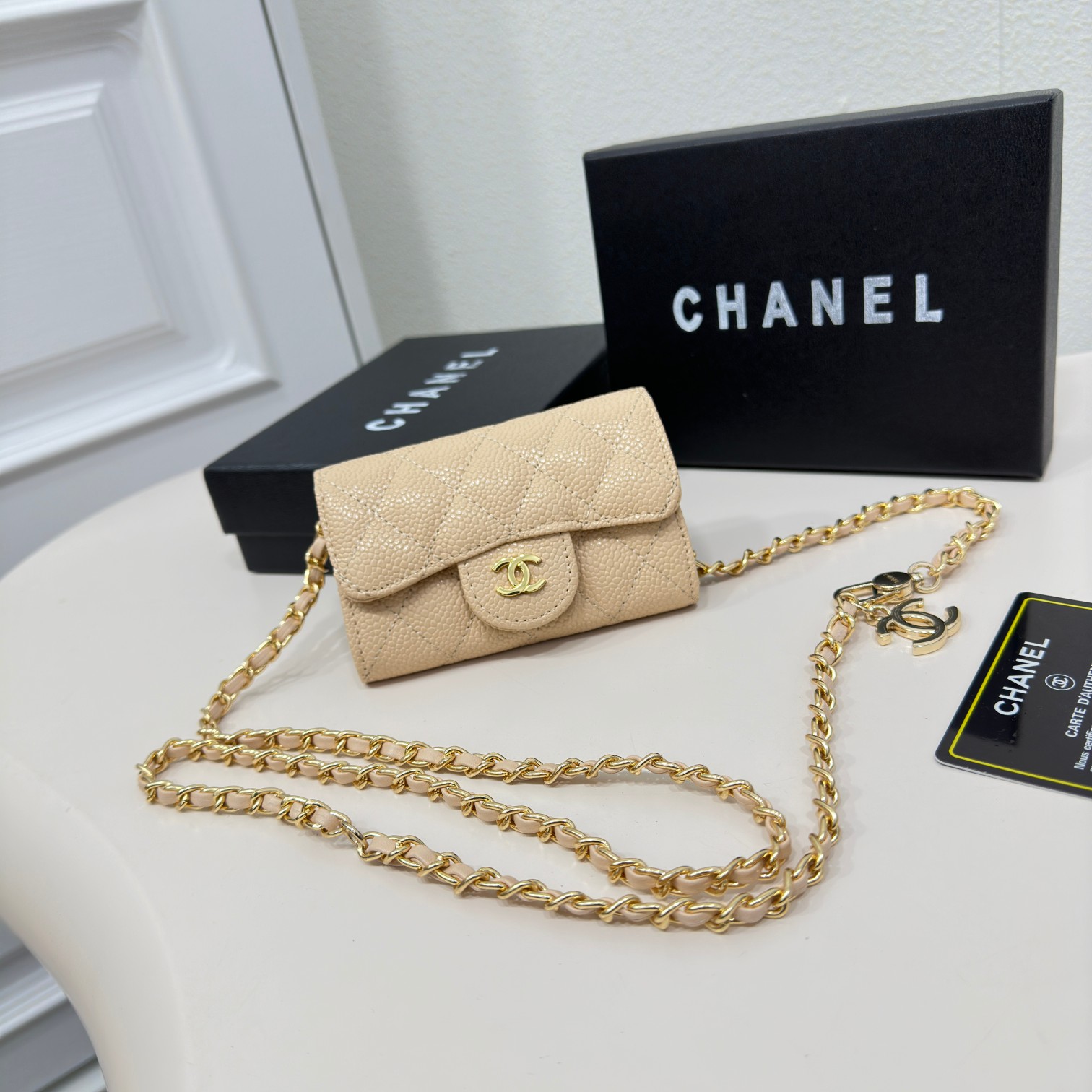CC Inspired Beige Metallic Calfskin Quilted Flap Chain Waist Bag - Gorchic - $83.99