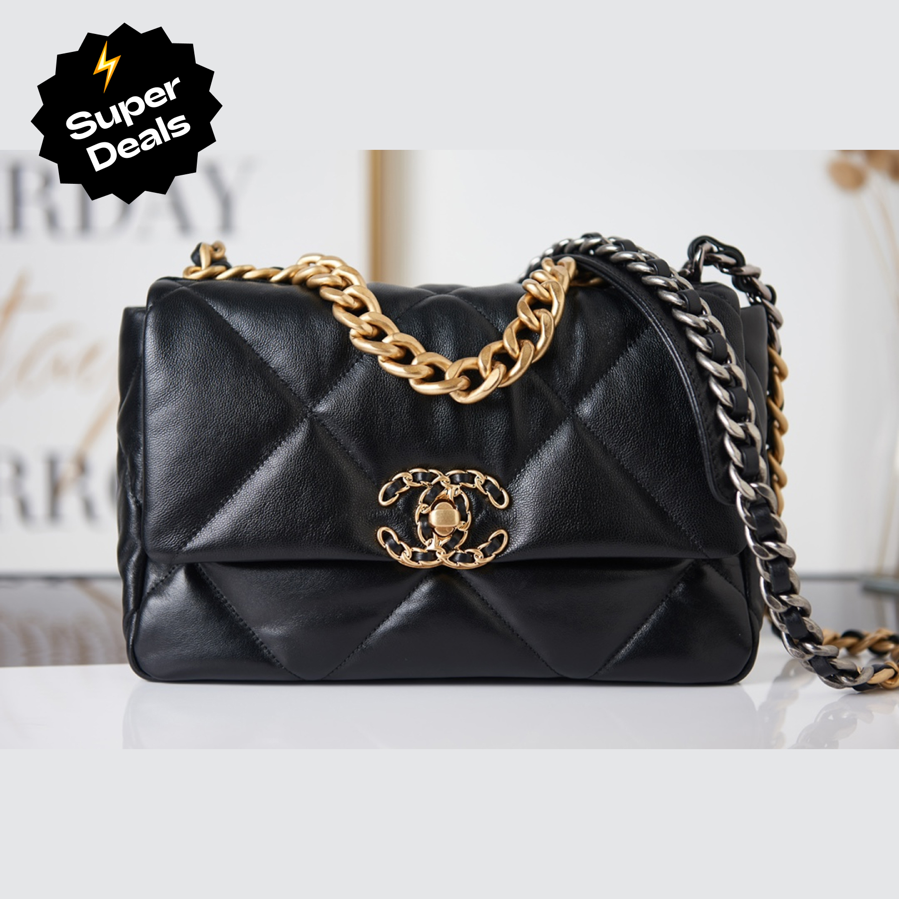 CC Inspired Calfskin Quilted Large CC Inspired 19 Flap Black -Golden - Bag - Gorchic - $121.99