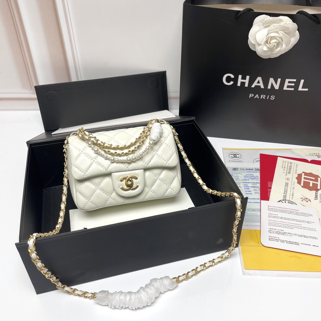 CC Inspired 17c Ivory Caviar Rectangle Mini Gold Hardware - Bag - Gorchic - $128.99