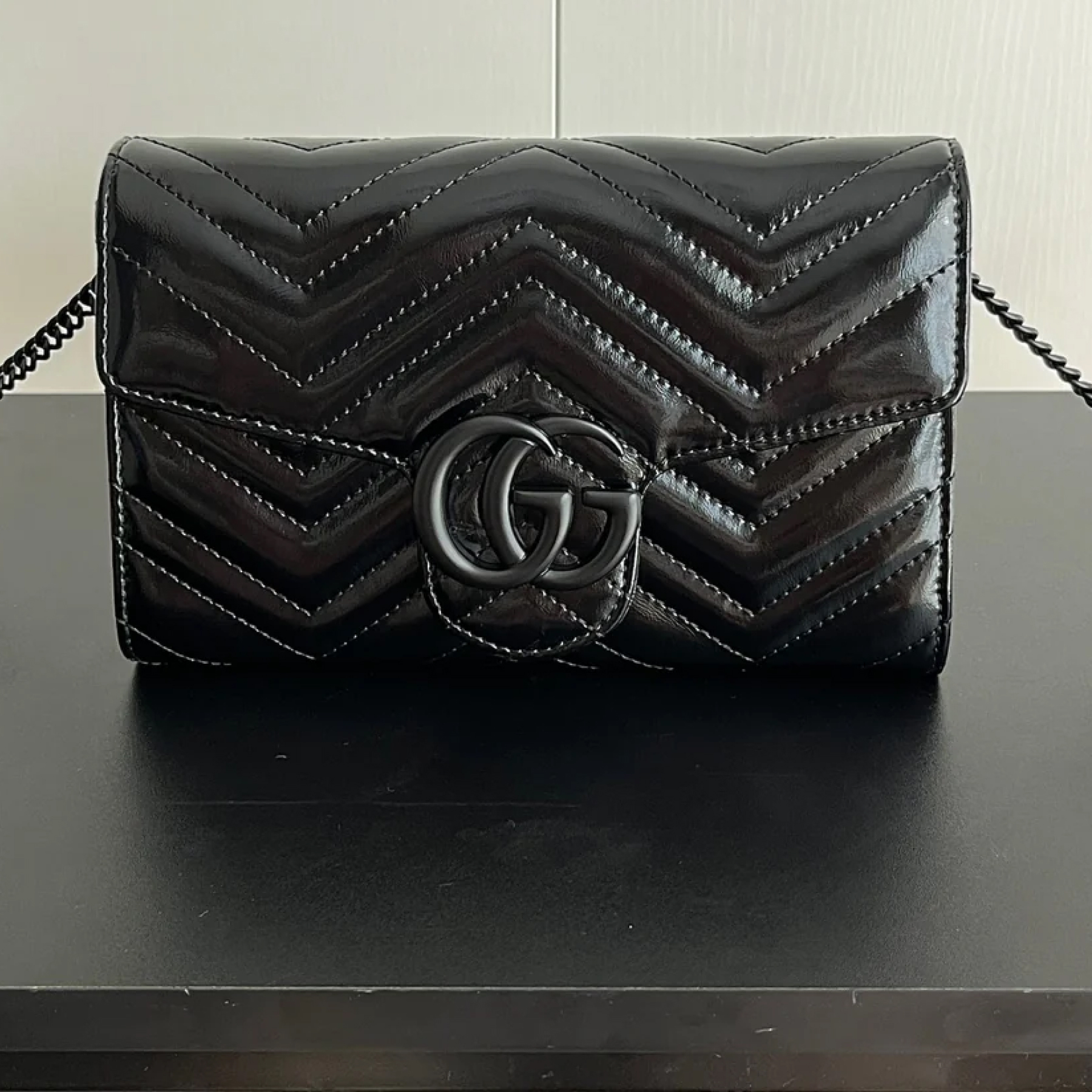 Double-G Marmont Chain Wallet - Black Leather bag Wallet - Gorchic - $123.99