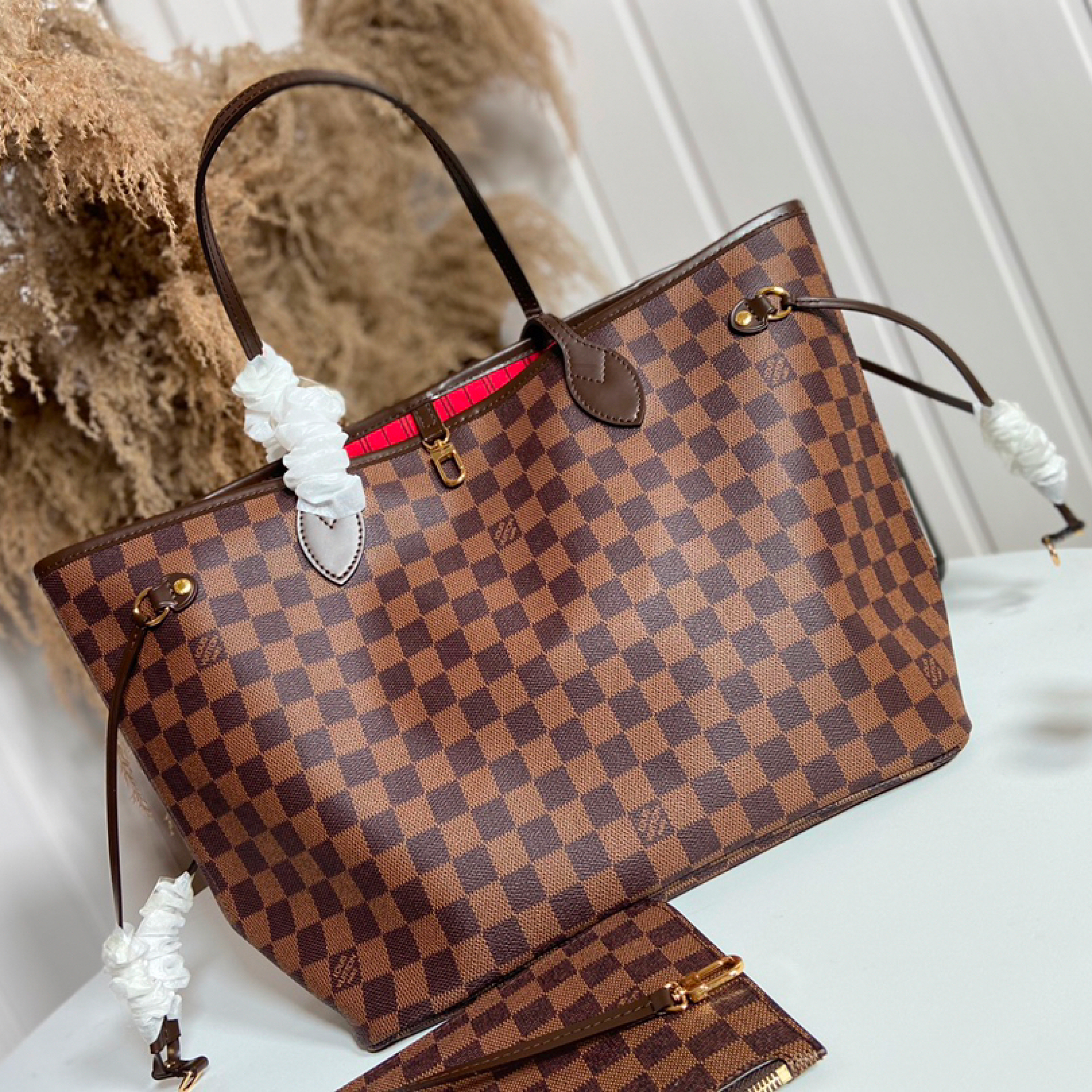 Designer Monogram Damier Ebene Canvas Neverfull MM Rose Ballerine - Bag - Gorchic - $110.99