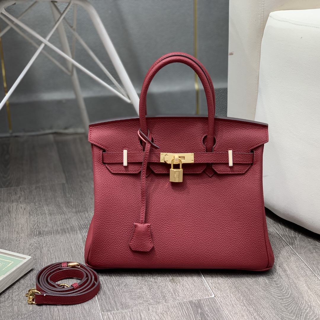 H-Inspired Birkin Togo Retourne Bag Golden Hardware -Burgundy Bag - Gorchic - $161.99