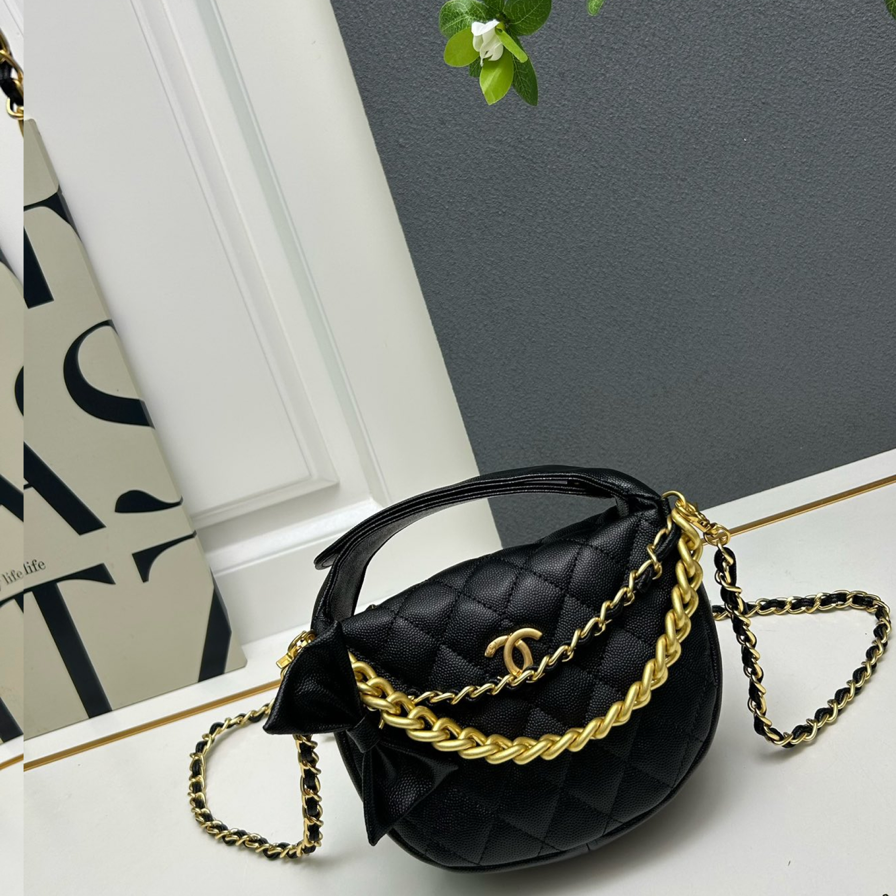 CC Inspired Shiny Caviar Quilted Bow Pouch Hobo Black - Gorchic - $145.99