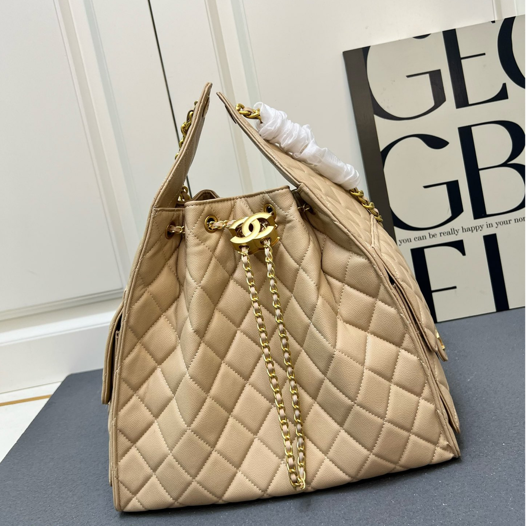 CC Inspired 25 Small Handbag Grained Calfskin & Gold-Tone Metal Beige -Bag - Gorchic - $152.99