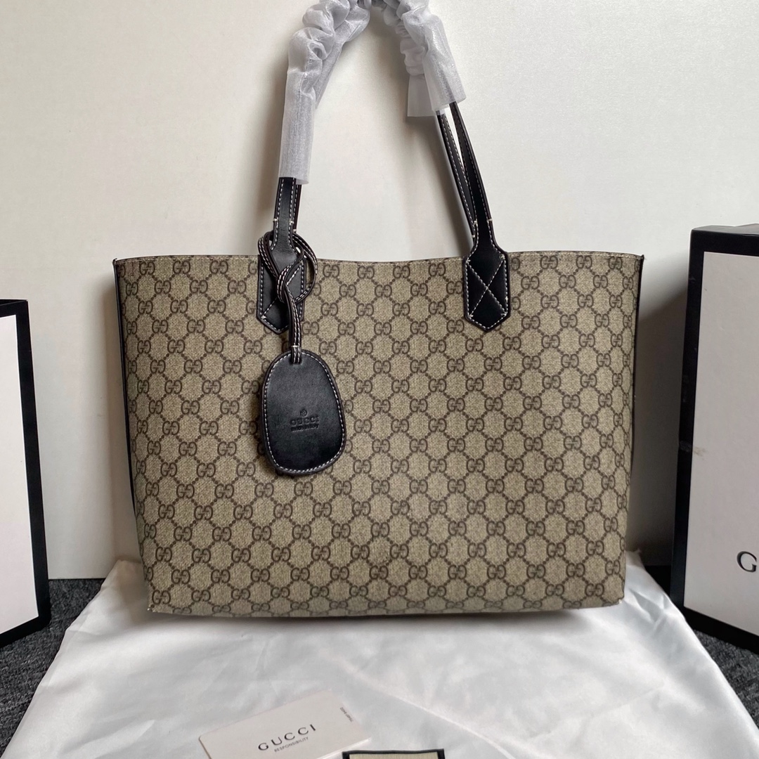 Double-G Calfskin GG Monogram Medium Reversible Tote Black - Bag - Gorchic - $143.99