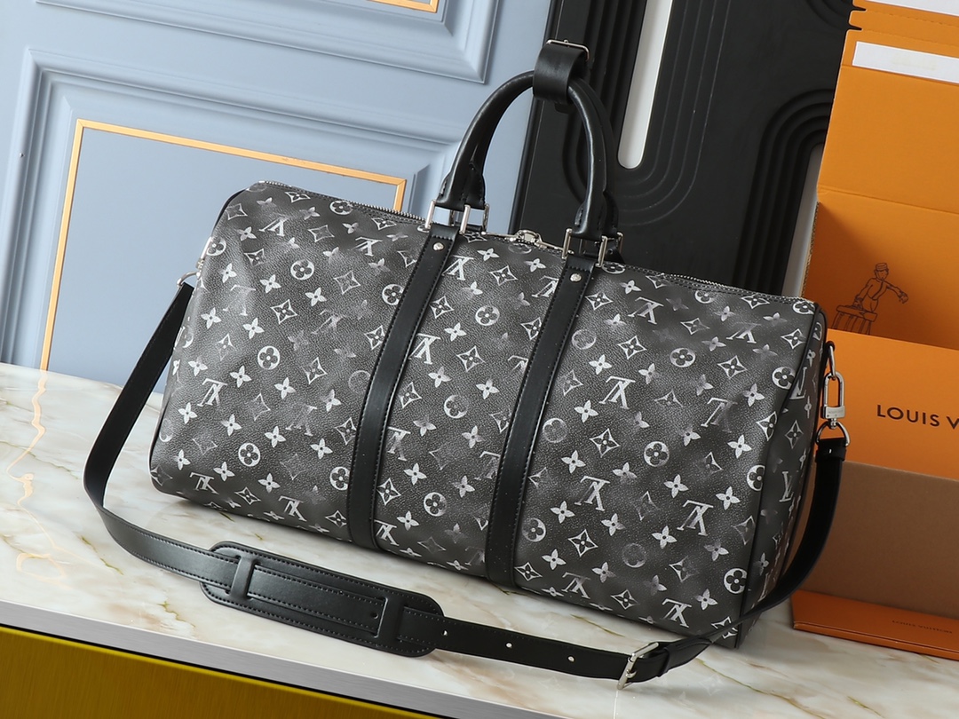 Designer Monogram Keepall Bandoulière 50 Black Distressed Leather- Bag - Gorchic - $165.99