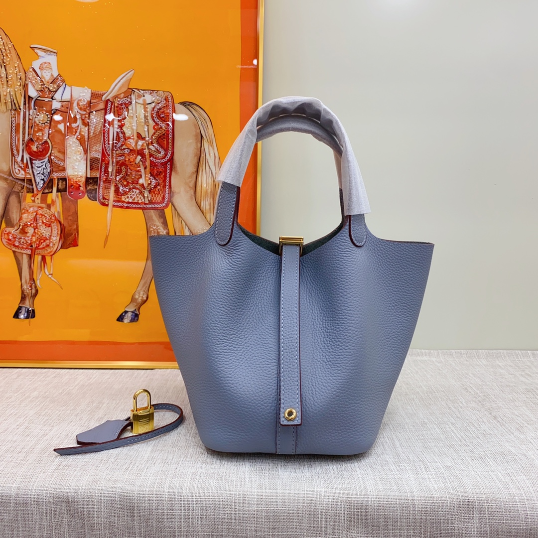 H-Inspired Clemence Picotin Lock Bag Golden Hardware -Haze Blue Bag - Gorchic - $143.99