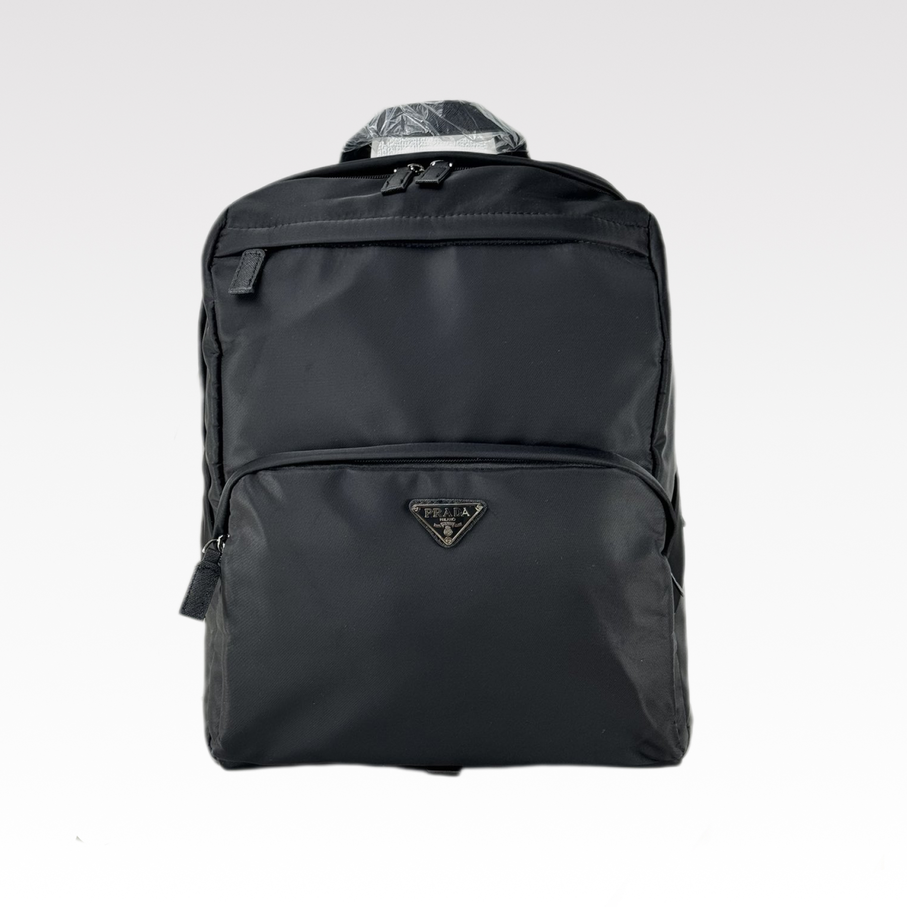 Saffiano texture triangle-logo zipped backpack Black Schoolbag - Gorchic - $132.99
