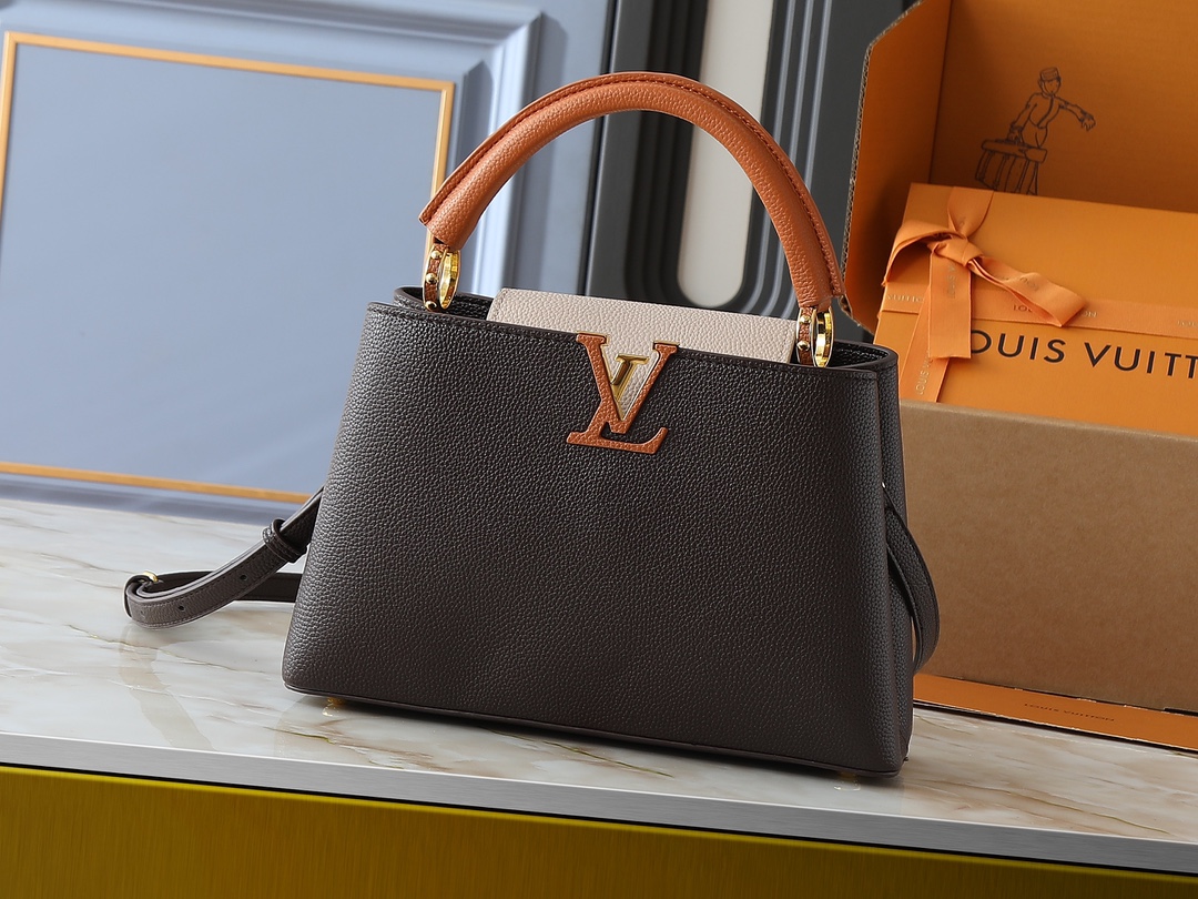 Designer Capucines Taurillon leather - Chocolate / Quartz / Tan - Gorchic - $143.85