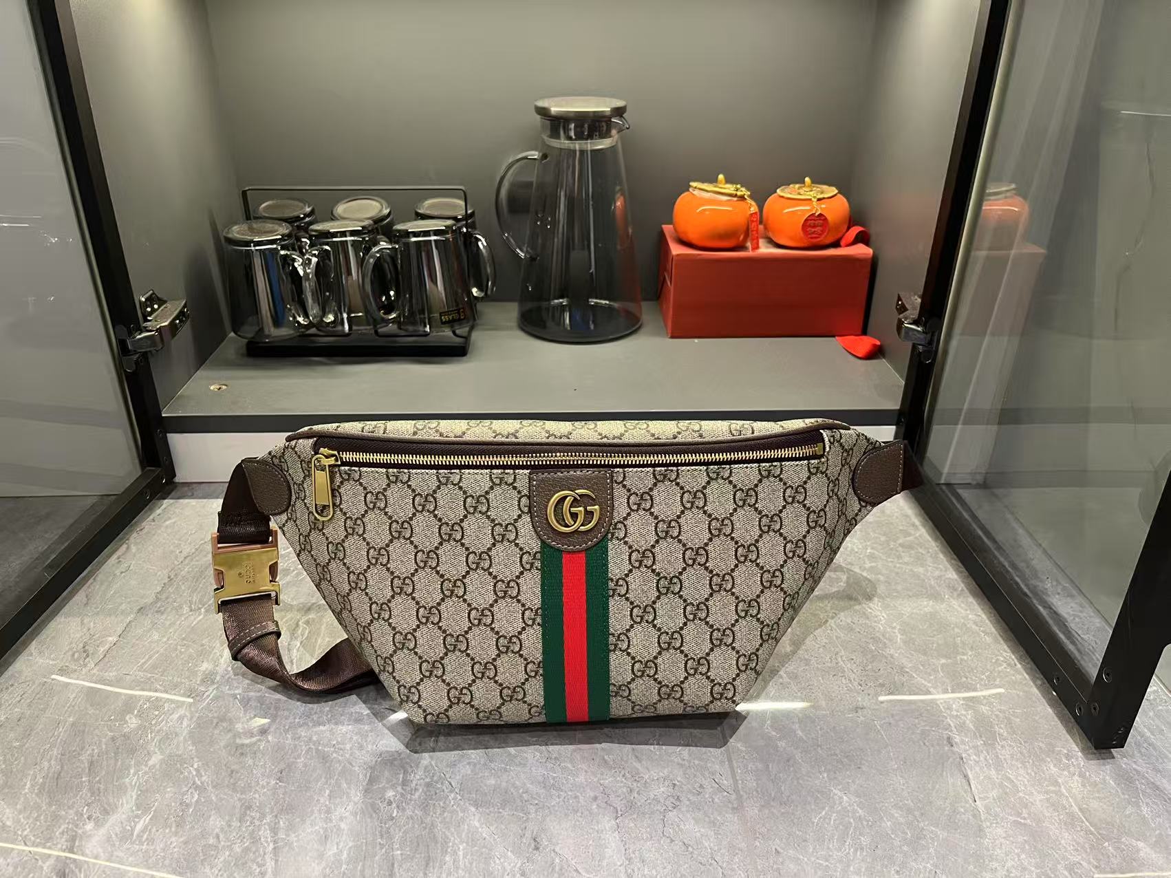 Double-G Ophidia GG Monogram Large Belt Bag - Beige and dark brown - Gorchic - $120.99