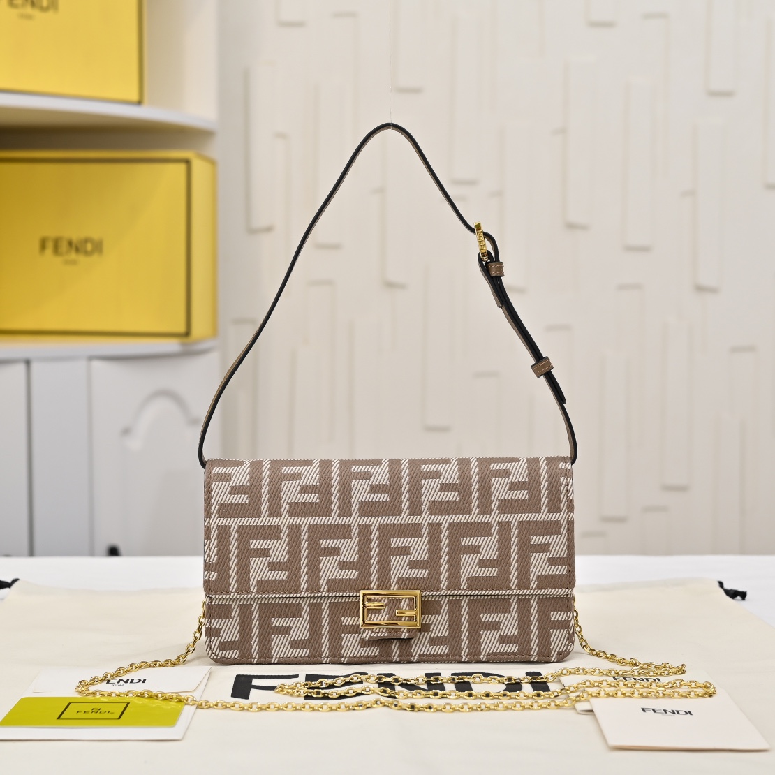 FD Baguette Mini Dove Grey Denim-Effect FF Jacquard Bag - Gorchic - $136.99