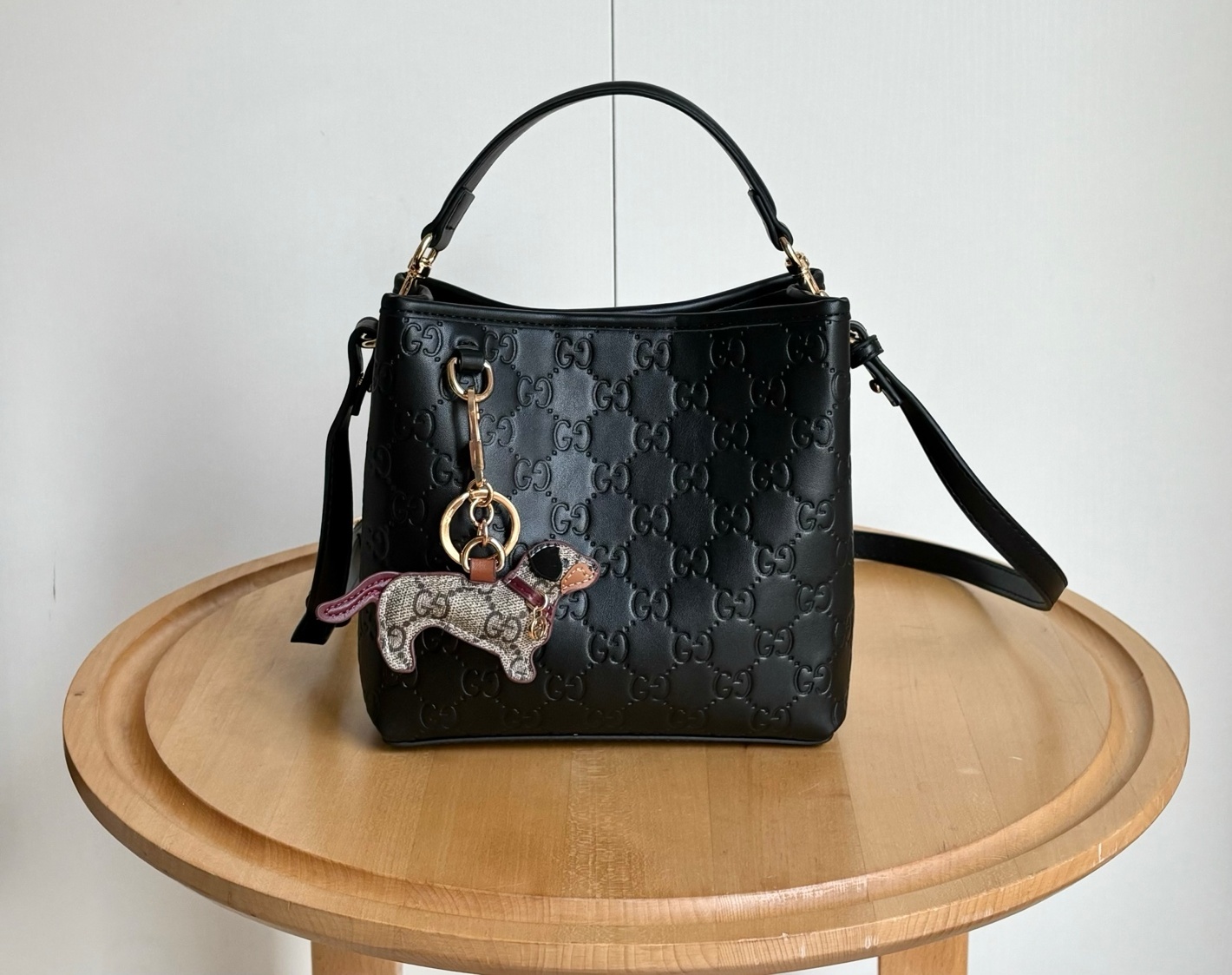 Double-G GG Emblem Small Bucket Bag GG Print Embossed Leather - Black - Gorchic - $128.99